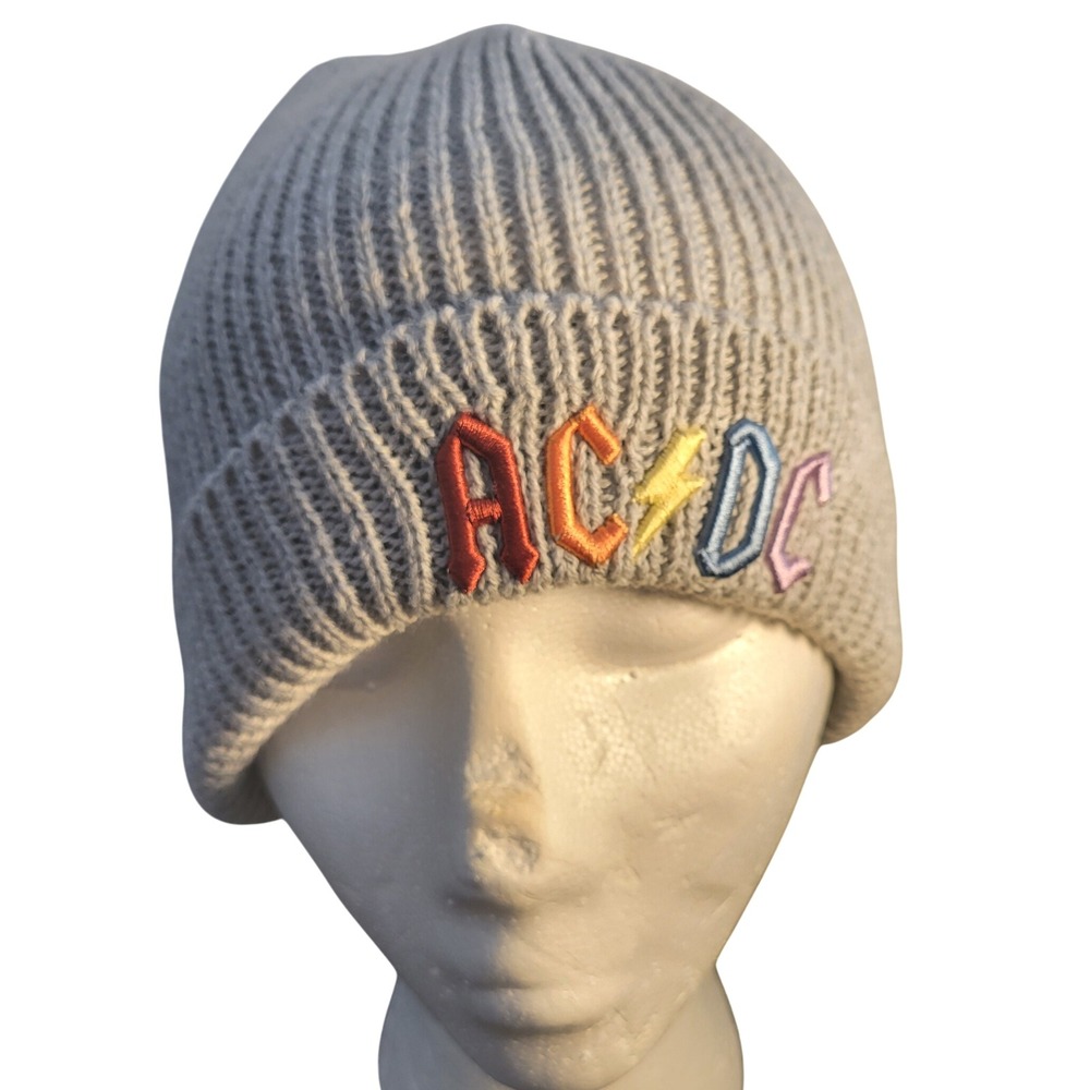 AC DC Rainbow Embroidered Beanie Hat Gray Band Merch Knit Skully Cap‎